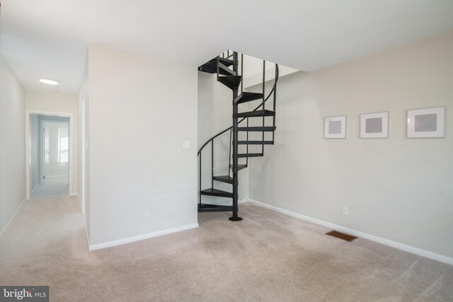 stairway featuring carpet flooring