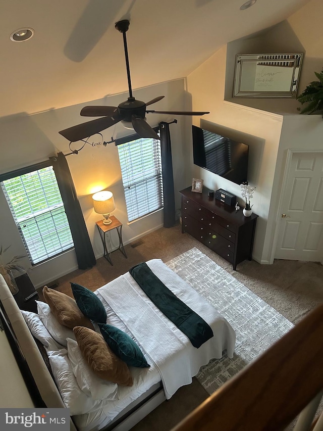 carpeted bedroom with ceiling fan