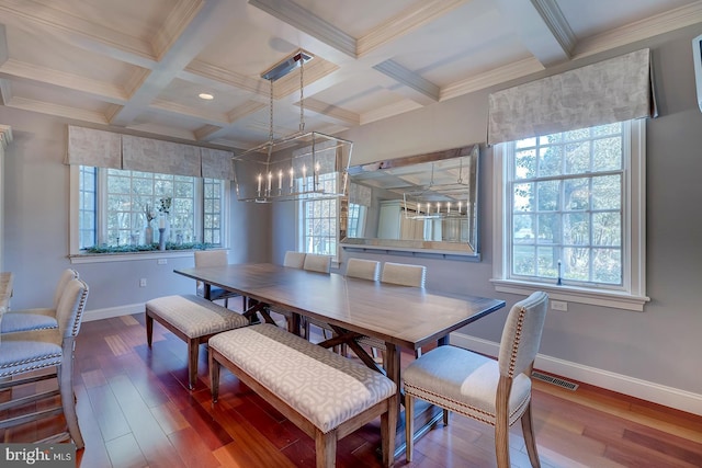 20459 Troyer Ln, Lincoln, DE 19960 - dining space with coffered ceiling, wood finished floors, baseboards, and a notable chandelier