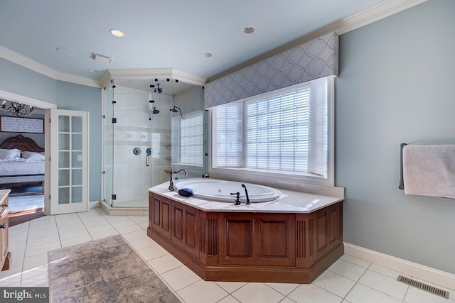 bathroom featuring independent shower and bath, crown molding, and tile patterned flooring