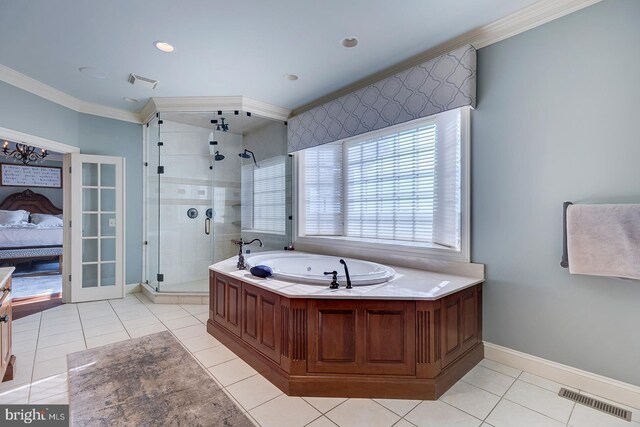 20459 Troyer Ln, Lincoln, DE 19960 - full bathroom with a garden tub, visible vents, ornamental molding, and a stall shower