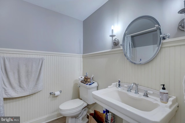 20459 Troyer Ln, Lincoln, DE 19960 - full bath featuring a shower with shower curtain, vaulted ceiling, toilet, wainscoting, and a sink