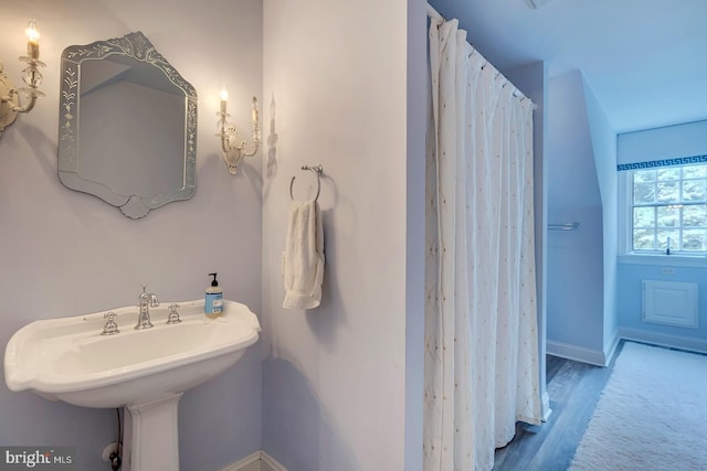 20459 Troyer Ln, Lincoln, DE 19960 - full bath with baseboards, a sink, curtained shower, and wood finished floors