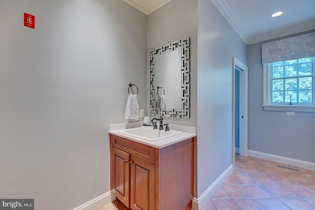 20459 Troyer Ln, Lincoln, DE 19960 - bathroom with visible vents, baseboards, crown molding, vanity, and tile patterned floors