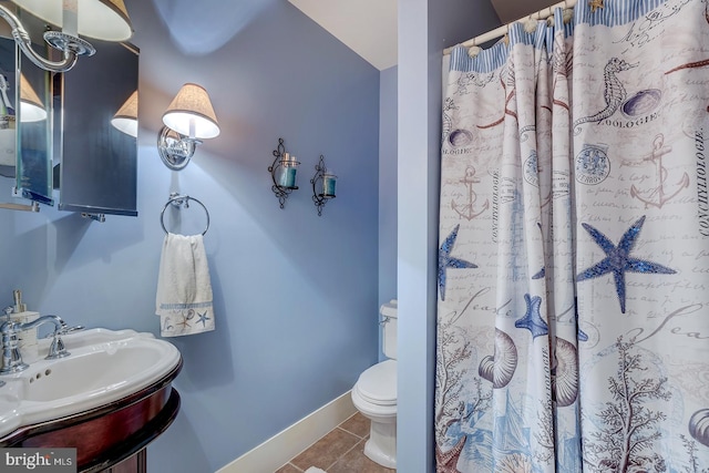 bathroom featuring vanity, toilet, tile patterned floors, and walk in shower