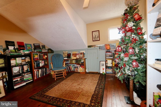 sitting room featuring vaulted ceiling, a textured ceiling, and dark hardwood / wood-style flooring