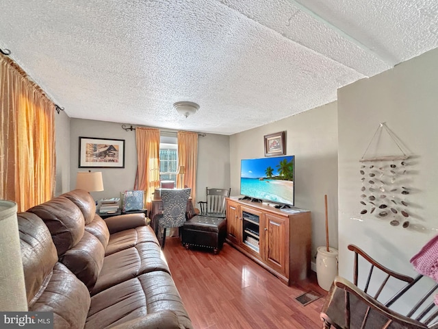 living room with a textured ceiling and wood-type flooring