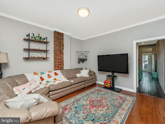 living room featuring ornamental molding and dark hardwood / wood-style flooring