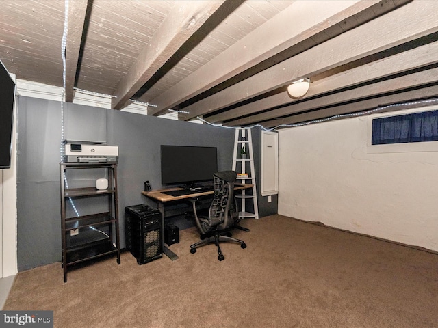 home office featuring carpet and beamed ceiling