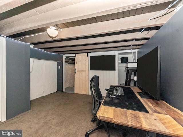 office space with carpet floors and beamed ceiling