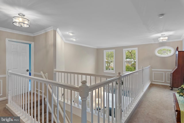 corridor featuring crown molding and light carpet