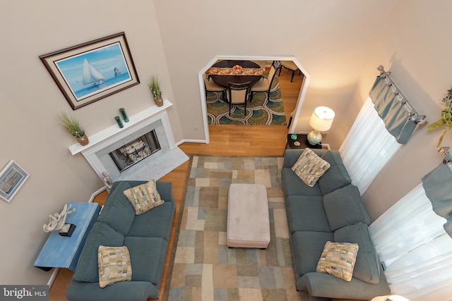 living room with a fireplace and hardwood / wood-style floors