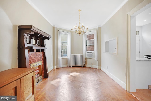 dining area featuring ornamental molding, radiator, a notable chandelier, and light parquet flooring