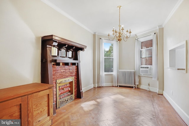 interior space featuring light parquet flooring, crown molding, an inviting chandelier, and radiator heating unit