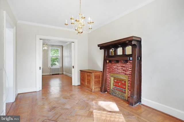 dining area featuring light parquet floors, crown molding, radiator, and a chandelier