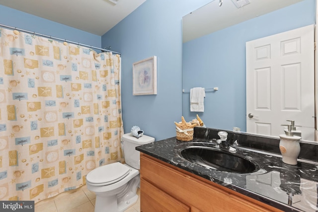 bathroom with tile patterned floors, vanity, toilet, and a shower with shower curtain