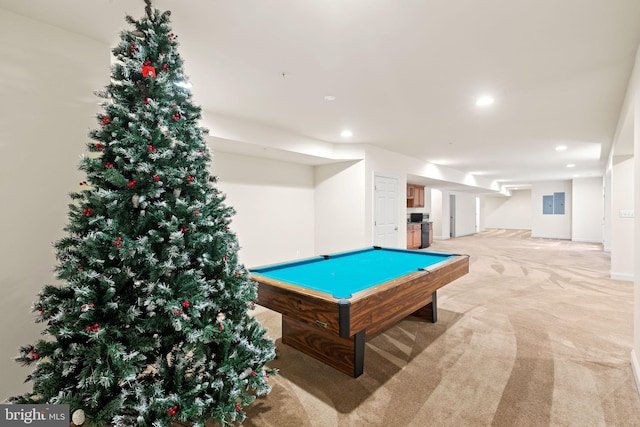 game room with pool table and carpet