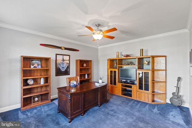 carpeted office space featuring crown molding and ceiling fan