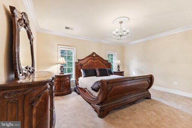 bedroom with crown molding, light carpet, and a chandelier