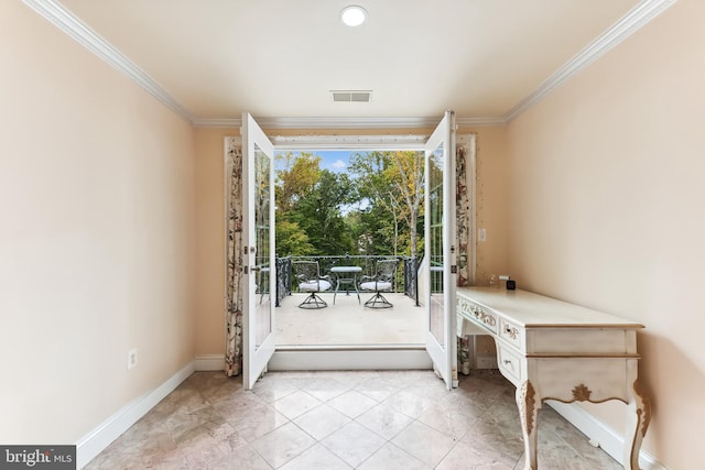 doorway to outside with crown molding