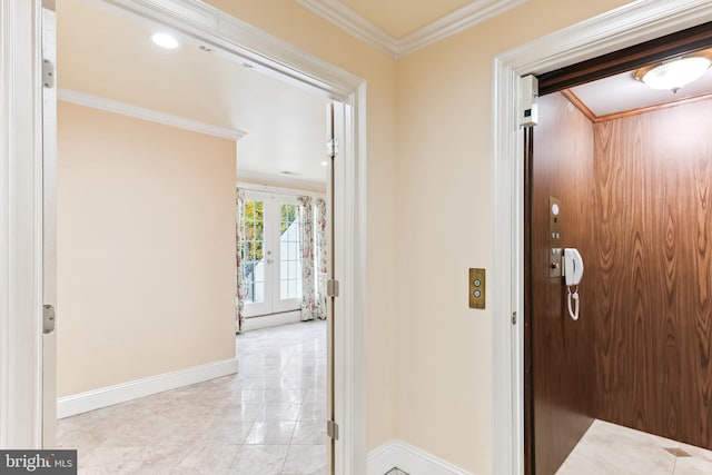 corridor featuring elevator, french doors, and crown molding