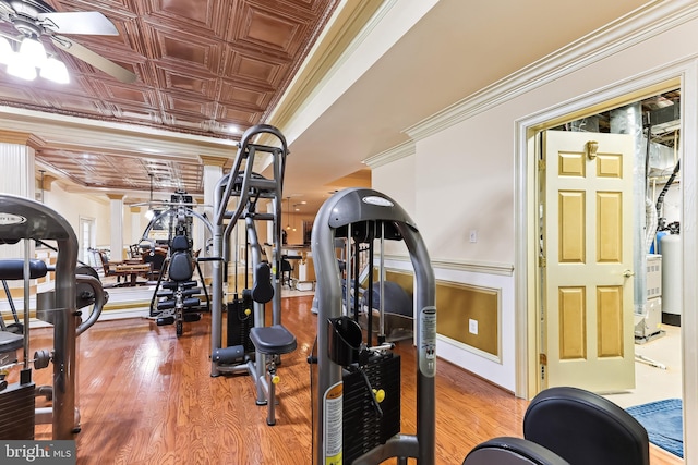 workout area with ornamental molding, ceiling fan, and hardwood / wood-style flooring