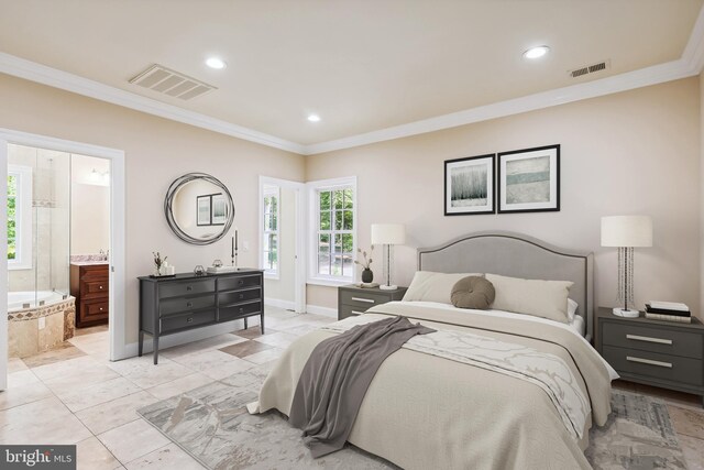 tiled bedroom featuring crown molding and ensuite bathroom