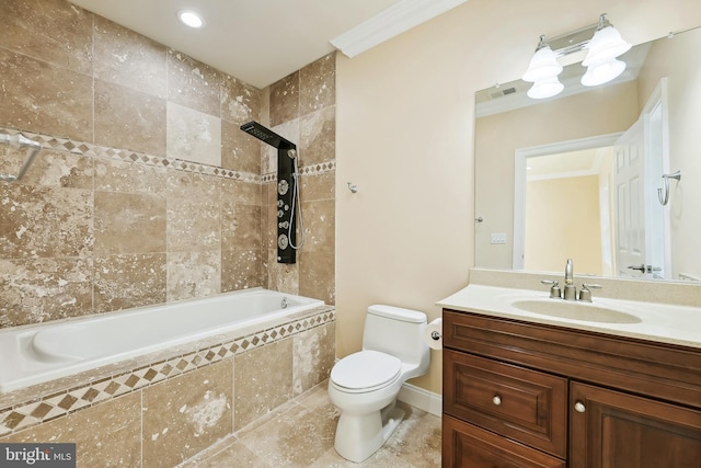 full bathroom featuring crown molding, tiled shower / bath combo, vanity, and toilet