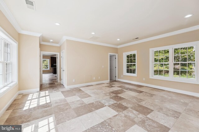 unfurnished room featuring plenty of natural light and crown molding