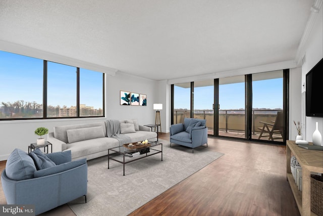 living room featuring crown molding, wood-type flooring, a wall of windows, and plenty of natural light