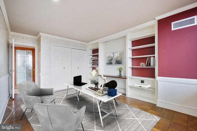 office featuring crown molding and dark parquet floors