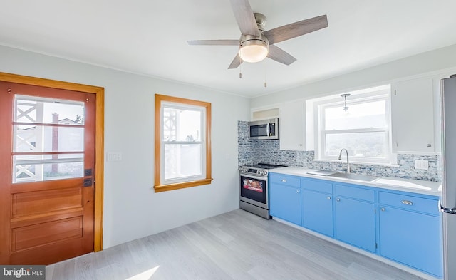 kitchen with decorative backsplash, stainless steel appliances, light wood-type flooring, and sink