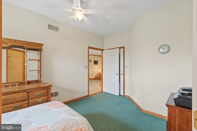 bedroom with ceiling fan and carpet floors