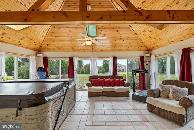 interior space with wood ceiling, beamed ceiling, and high vaulted ceiling