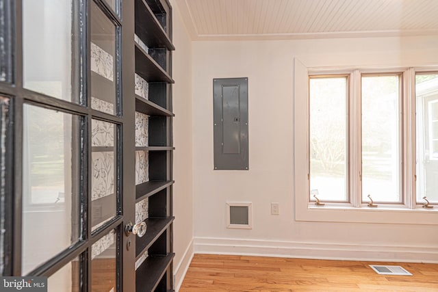 spare room featuring wooden ceiling, wood-type flooring, and electric panel