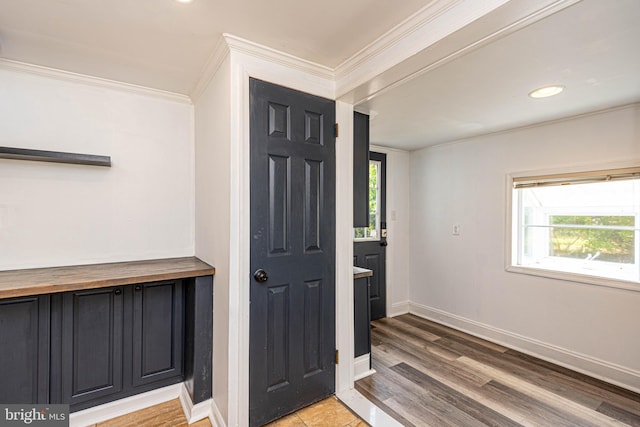 interior space with wood-type flooring, crown molding, and plenty of natural light