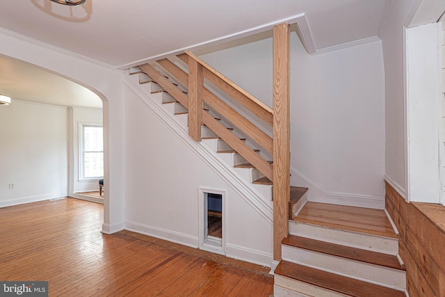 staircase featuring ornamental molding and hardwood / wood-style floors