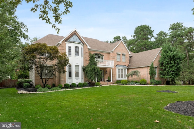 front facade with a front yard and a balcony