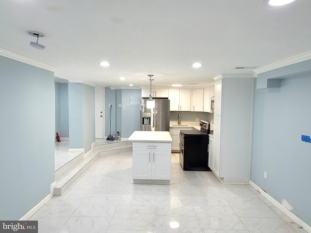 kitchen with white cabinets, stainless steel fridge, a kitchen island, decorative light fixtures, and black / electric stove