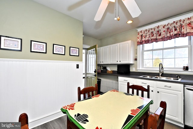 kitchen featuring sink, ceiling fan, dark wood-type flooring, stainless steel dishwasher, and white cabinets