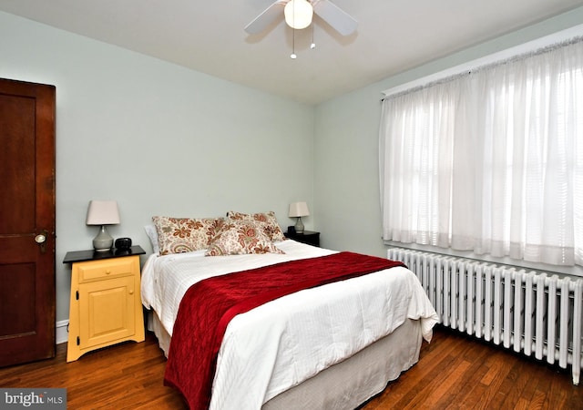 bedroom featuring ceiling fan, radiator heating unit, and dark hardwood / wood-style flooring