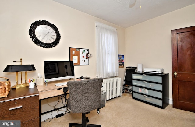 home office with ceiling fan, radiator, and light colored carpet