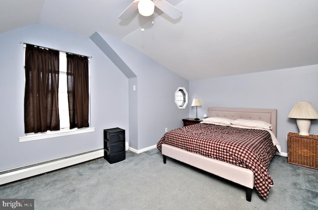 bedroom with baseboard heating, ceiling fan, carpet, and lofted ceiling