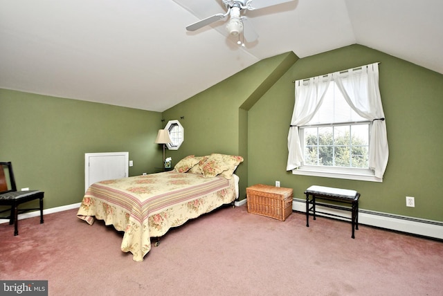 bedroom featuring baseboard heating, ceiling fan, carpet flooring, and lofted ceiling