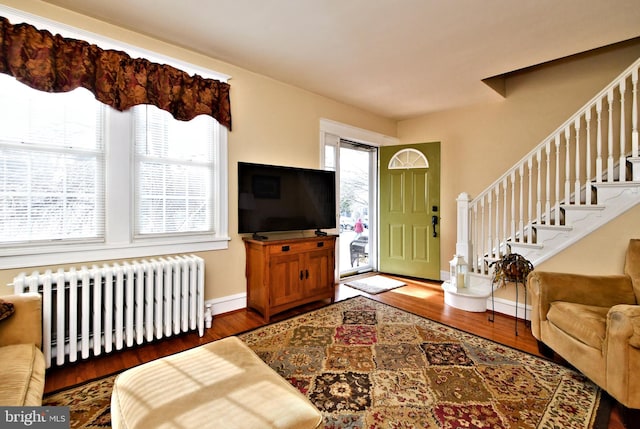 living room featuring radiator and hardwood / wood-style floors