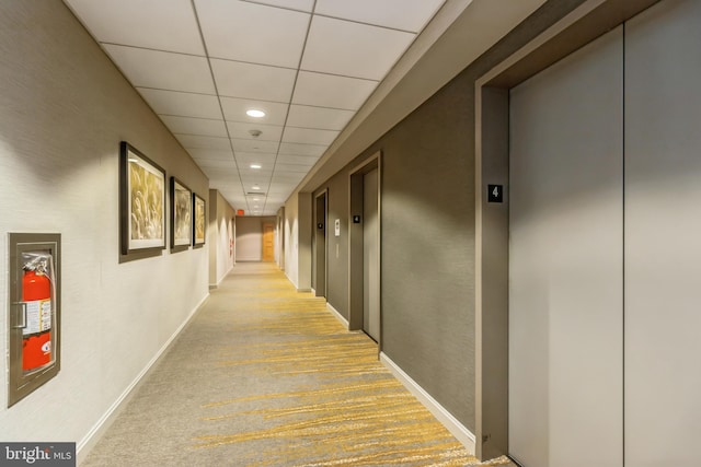 hall featuring a paneled ceiling, elevator, and light colored carpet