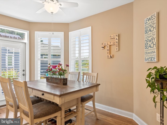 dining space with ceiling fan and light hardwood / wood-style flooring