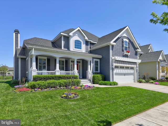 view of front facade featuring a front lawn, a porch, and a garage