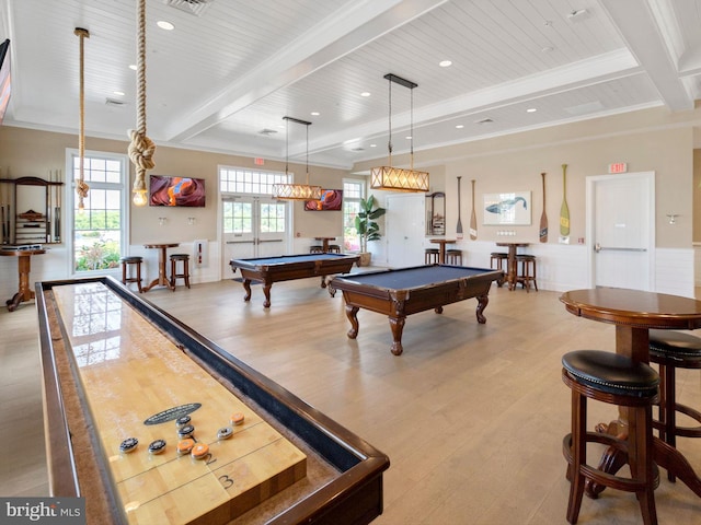 game room with light hardwood / wood-style flooring, beam ceiling, pool table, and crown molding