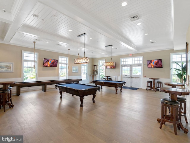 playroom with wood ceiling, light wood-type flooring, crown molding, beam ceiling, and pool table